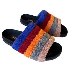 ROAM Fuzzy Rainbow Slides or Slippers w Faux Shearling, Bright Colors size 9